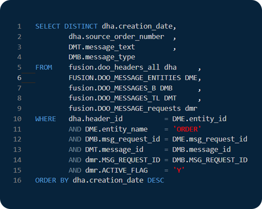 SQL Query to find all active errors reported on Orders in Oracle SCM Cloud
